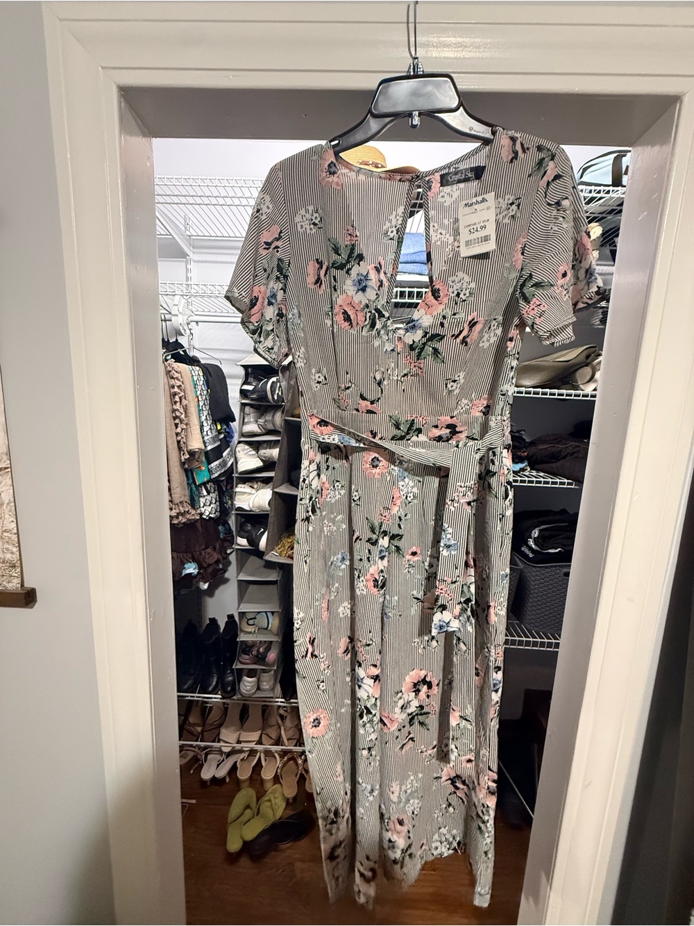 Marshalls Sage Floral Tie-Waist Jumpsuit with Pink Flowers